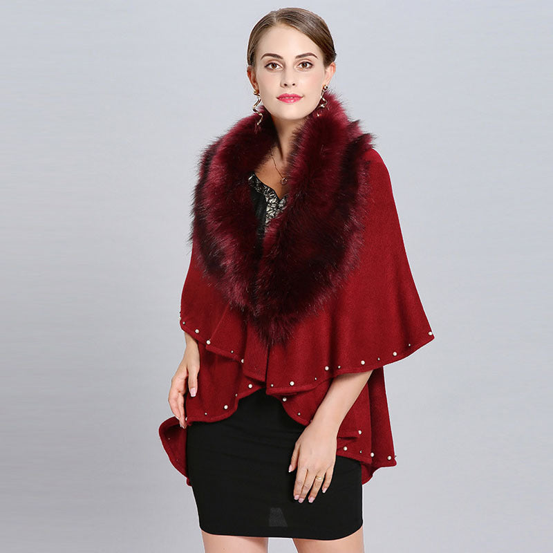 Women's Fashion Fur Collar Beaded Double Layer Inverness