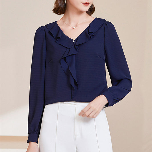 Women's Stylish Temperament Long Sleeves V-neck Chiffon Blouse