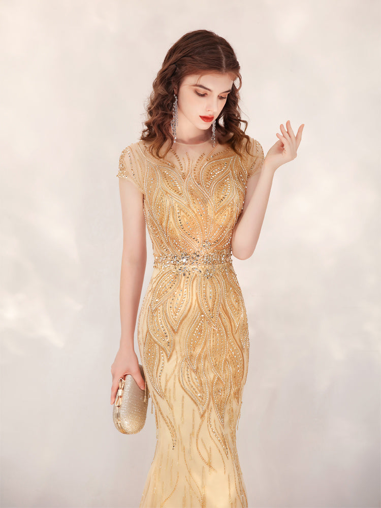 Fishtail Evening Dress Gold & Small Trailing Temperament Host Evening Dress