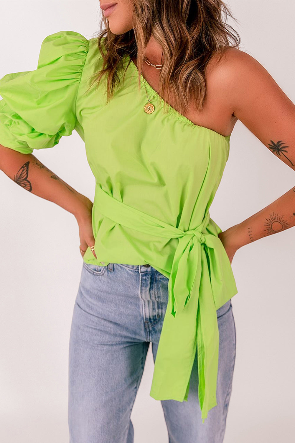 Tied Puff Sleeve One-Shoulder Top