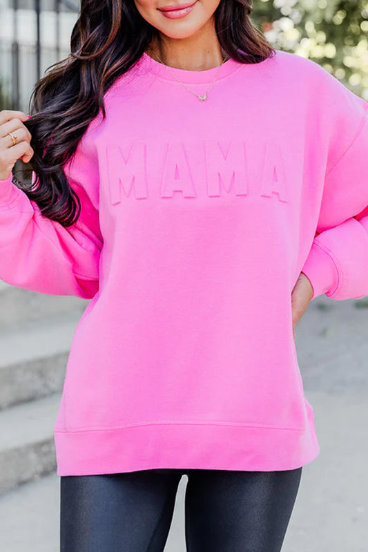 Bright Pink MAMA Letter Embossed Casual Sweatshirt