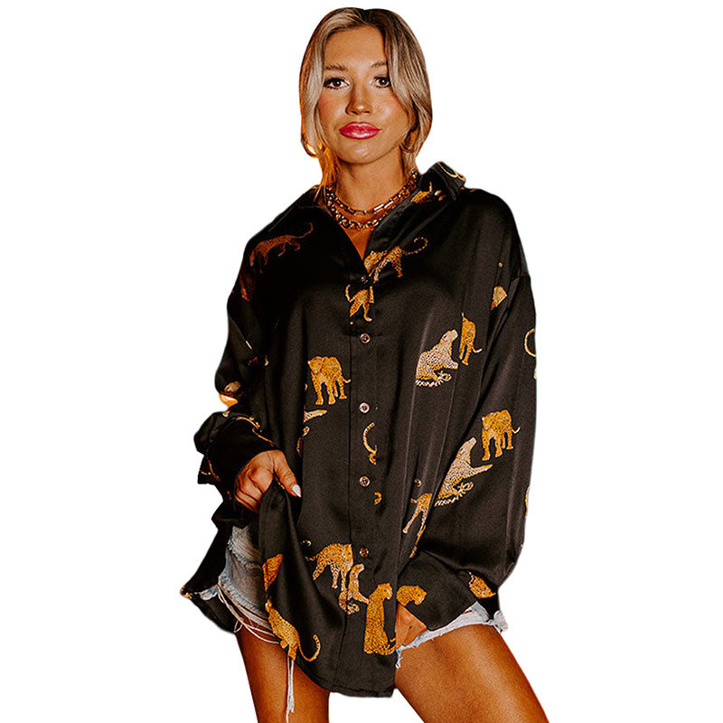 Autumn Solid Color Satin Long Sleeve Cardigan Thin Personalized Animal Print Shirt For Women