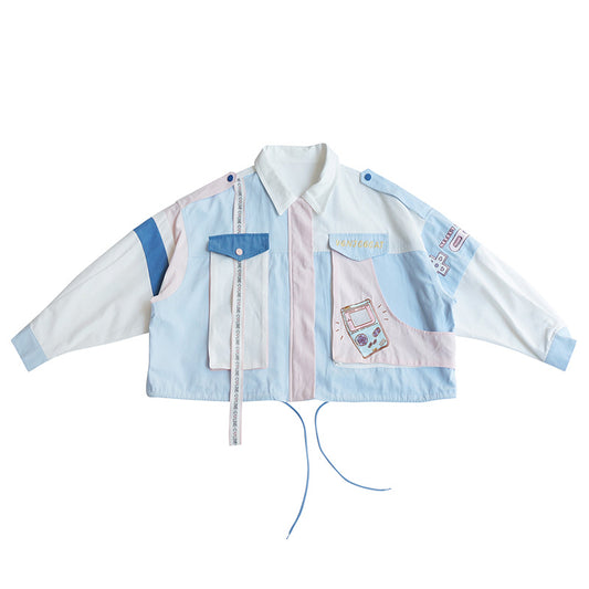 Sweet And Cool Girl Embroidered Big Pocket Letter Ribbon Tooling Loose Color-blocking Jacket