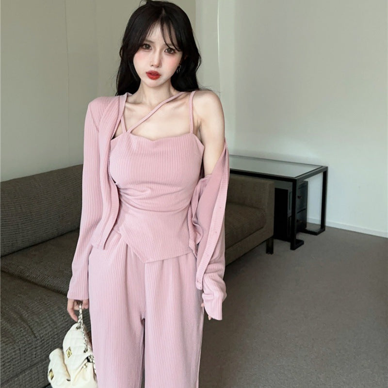 Temperament Youthful-looking Irregular Spaghetti-strap Cardigan Wide Leg Pants