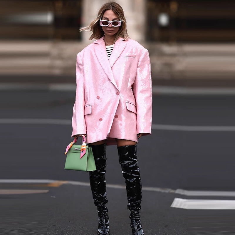 Blazer ample à Double boutonnage à paillettes rose racine de Lotus pour femmes, à la mode