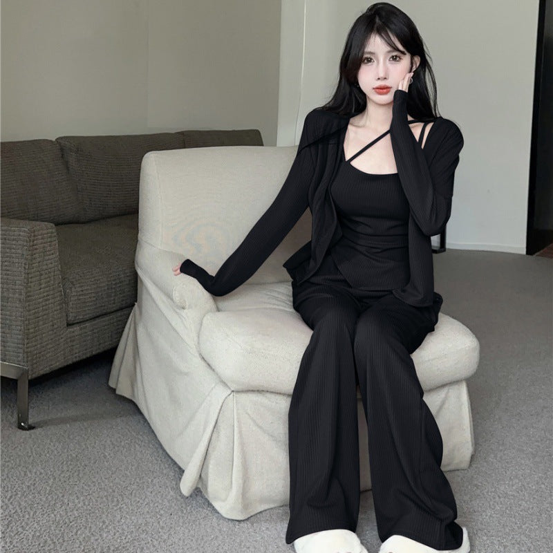 Temperament Youthful-looking Irregular Spaghetti-strap Cardigan Wide Leg Pants