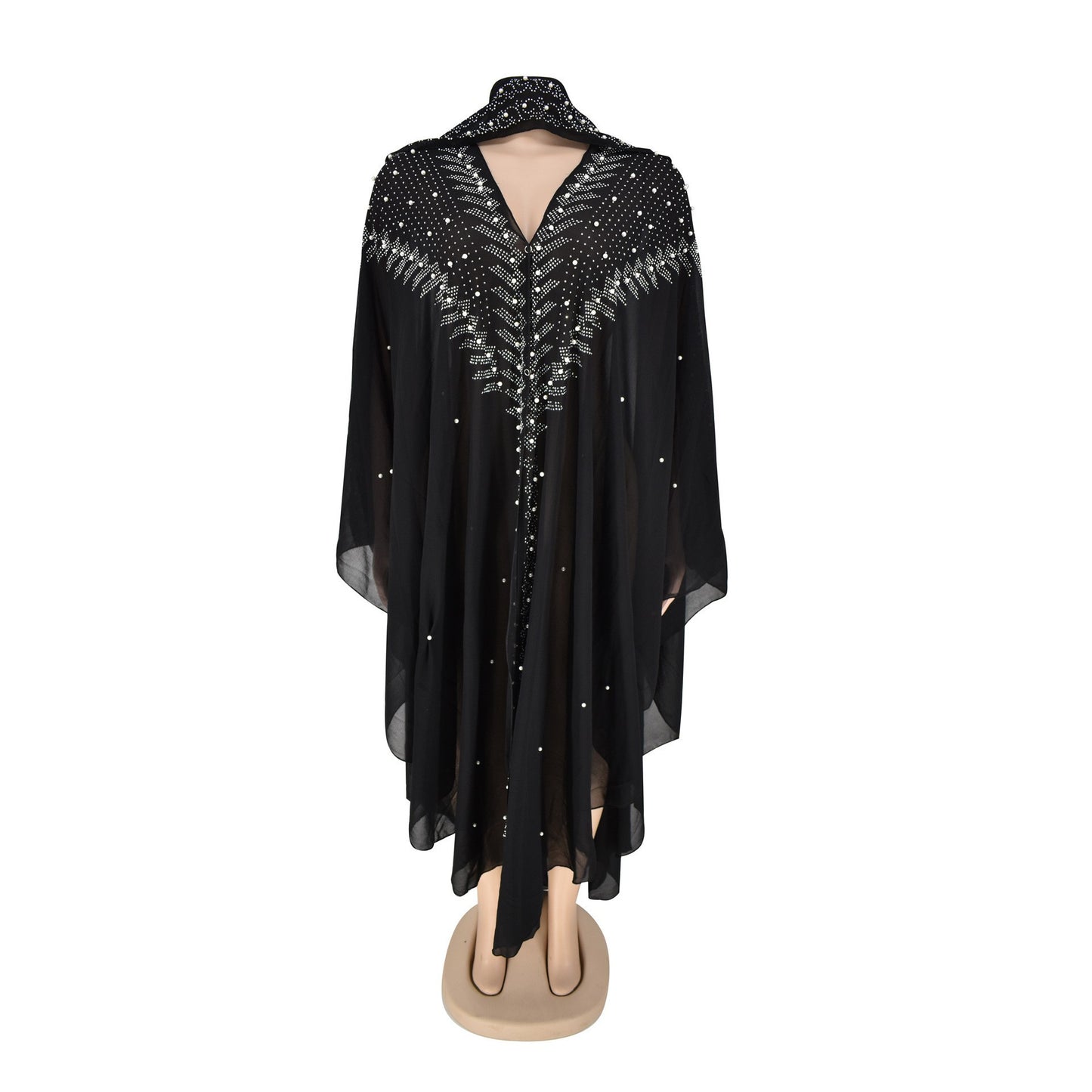 Women's Fashion Rhinestone Beaded Chiffon Hooded Gown