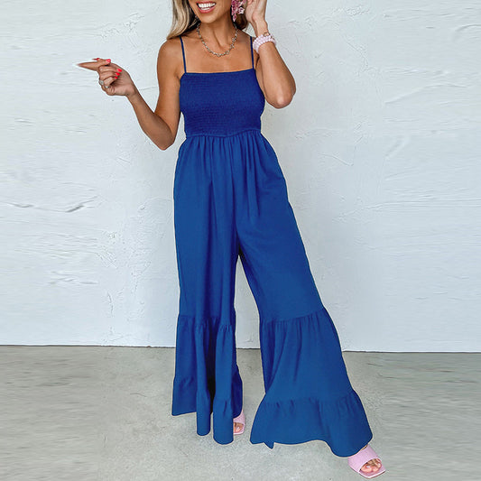 Women's Solid Color High Waist Strap Fitted Waist Jumpsuit