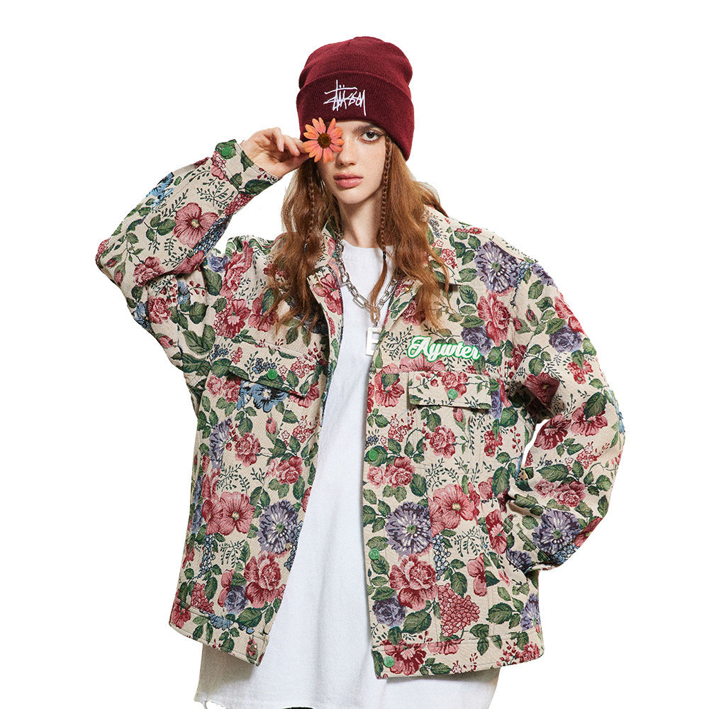 Veste ample à imprimé floral teint en fil de style rétro américain