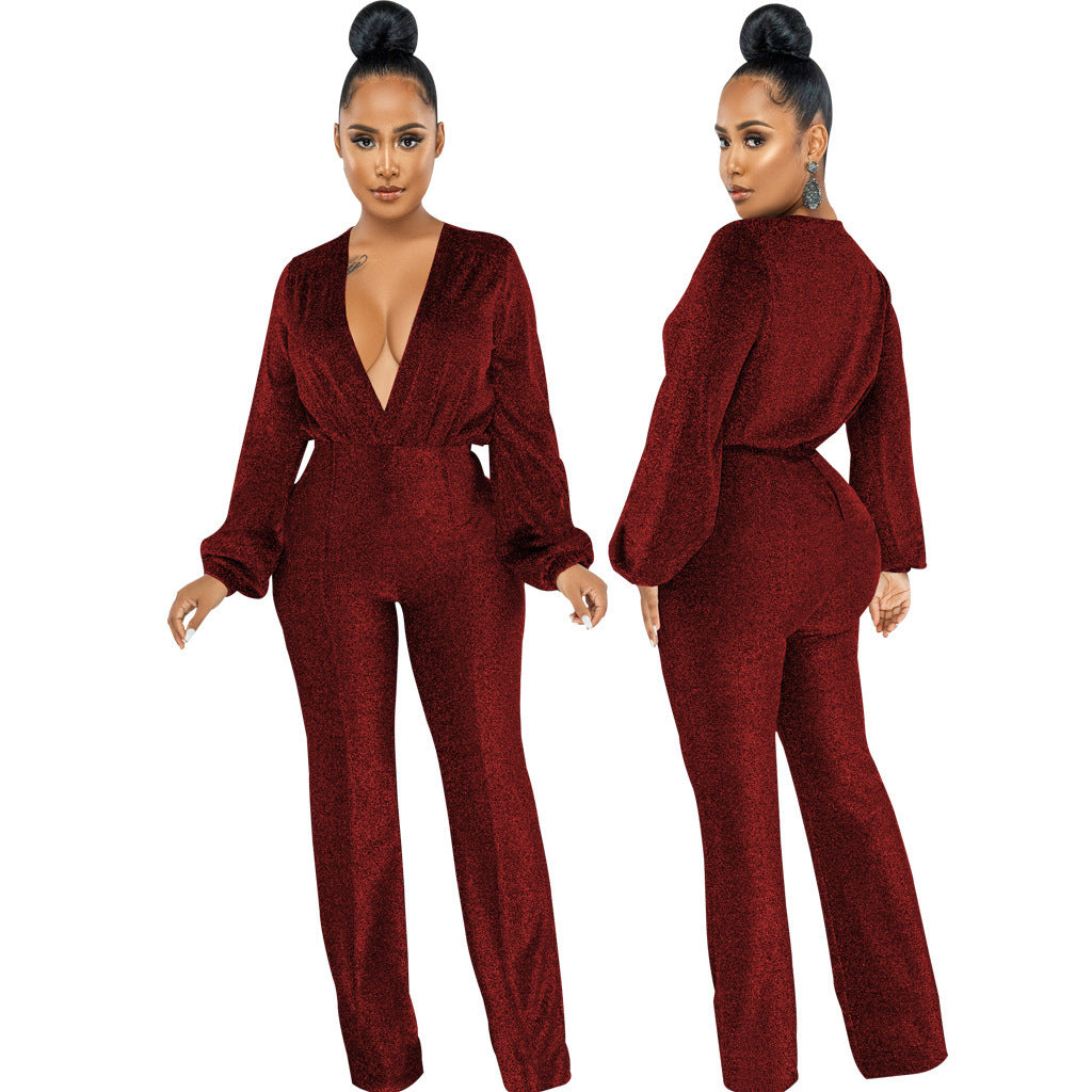 Women's Velvet Solid Color Long Sleeve V-neck Jumpsuit