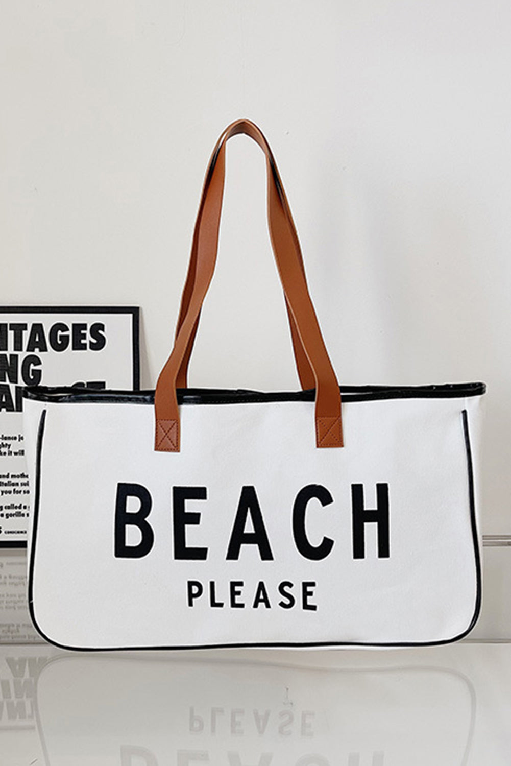 Bolsa tote de lona grande blanca con estampado PLAYA POR FAVOR