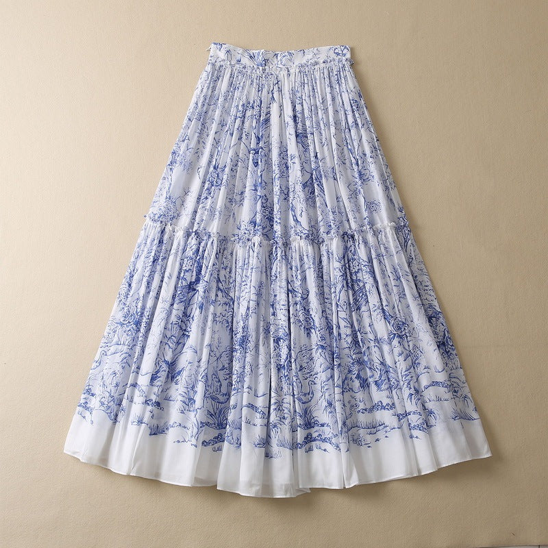 Blue Flower Pleated Large Skirt With Flowers And Birds Thin Cotton Skirt