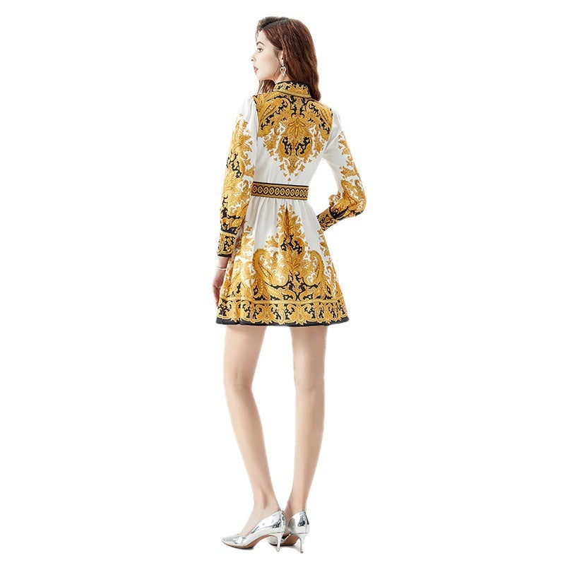 Vacation Style Stand-up Collar Puff Sleeve Wide Skirt Pleated Mini Printed Dress