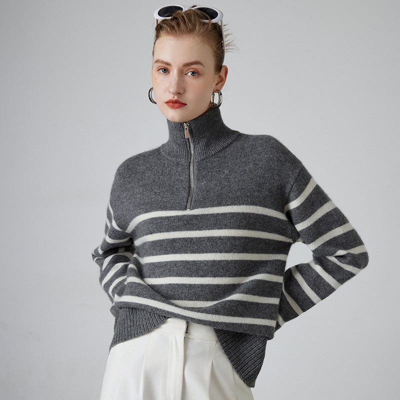 Women's Thick Black And White Striped Zipper Turtleneck Cashmere Sweater