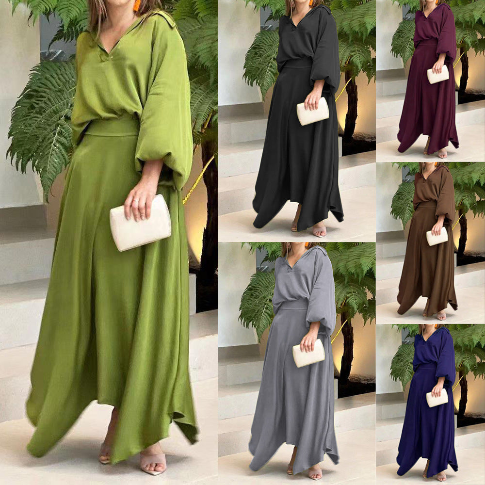 European And American Foreign Trade Women's Clothing New Loose Plus Size Solid Color Long-sleeved Top High Waist Long Skirt Suit