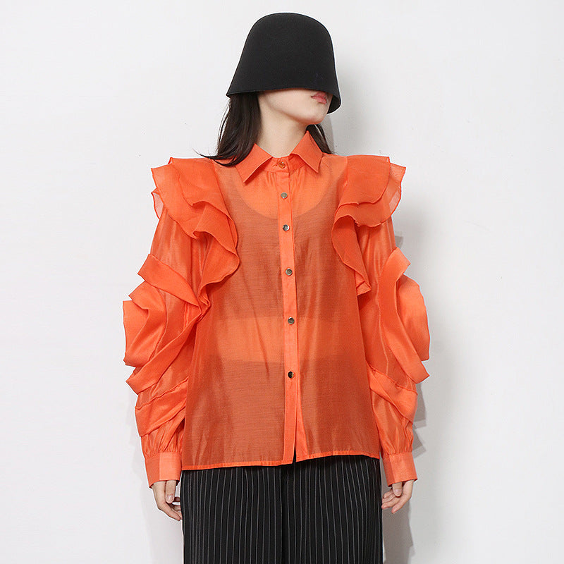 Temperament Organza Solid Color Shirt Lapel Ruffle Stitching