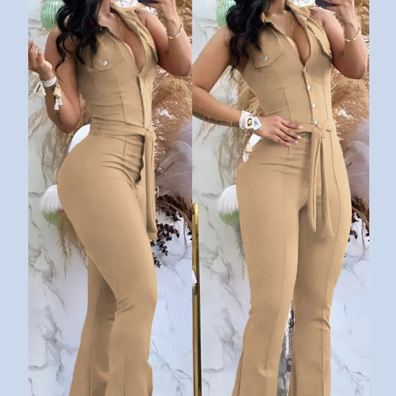 Deep V-neck Backless Tight One-piece Bell-bottom Pants