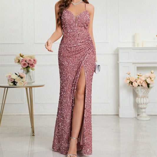 Banquet Temperament Slim Fit Daily V-neck Sequins Dress