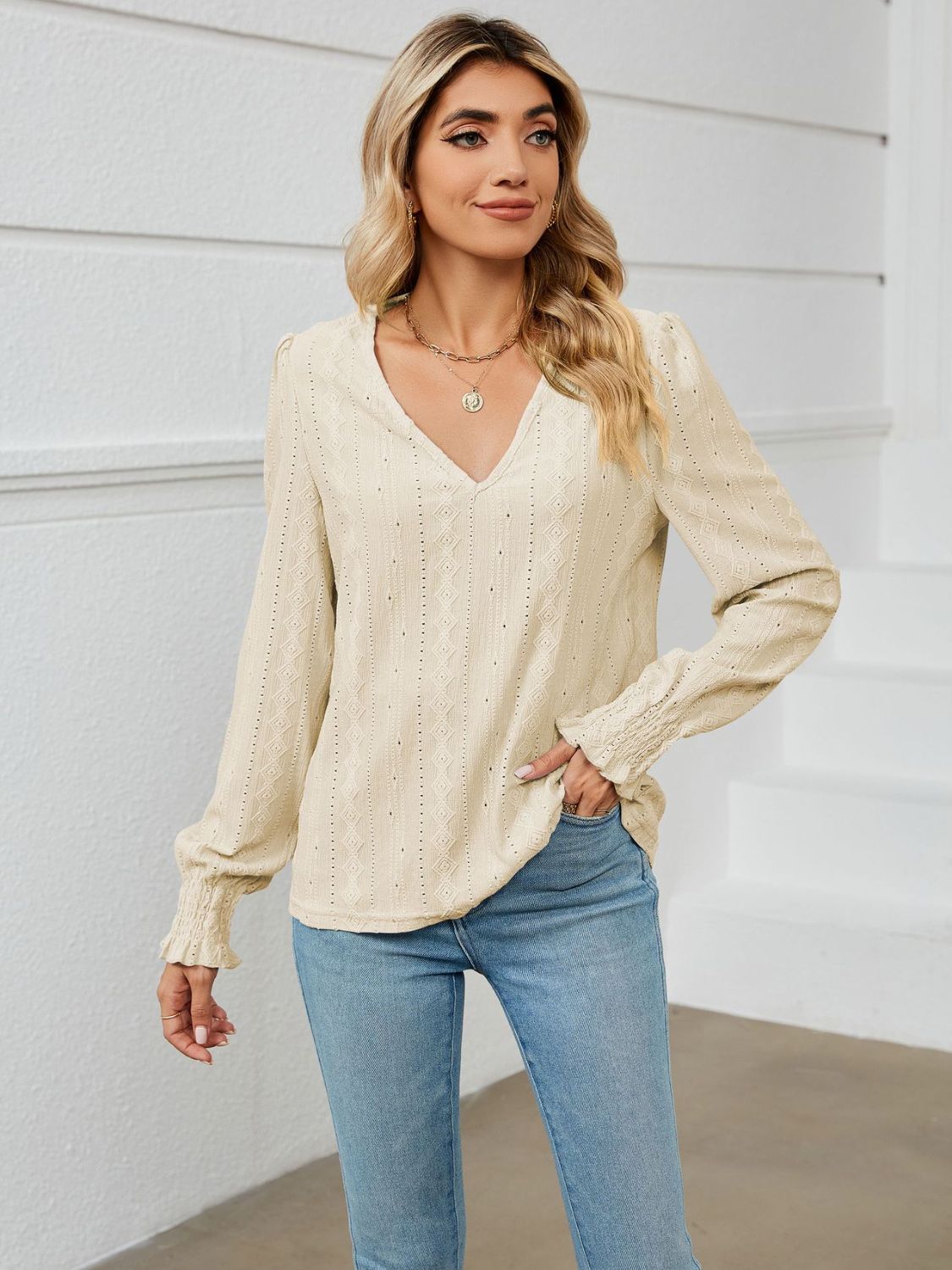 V-Neck Puff Sleeve Blouse