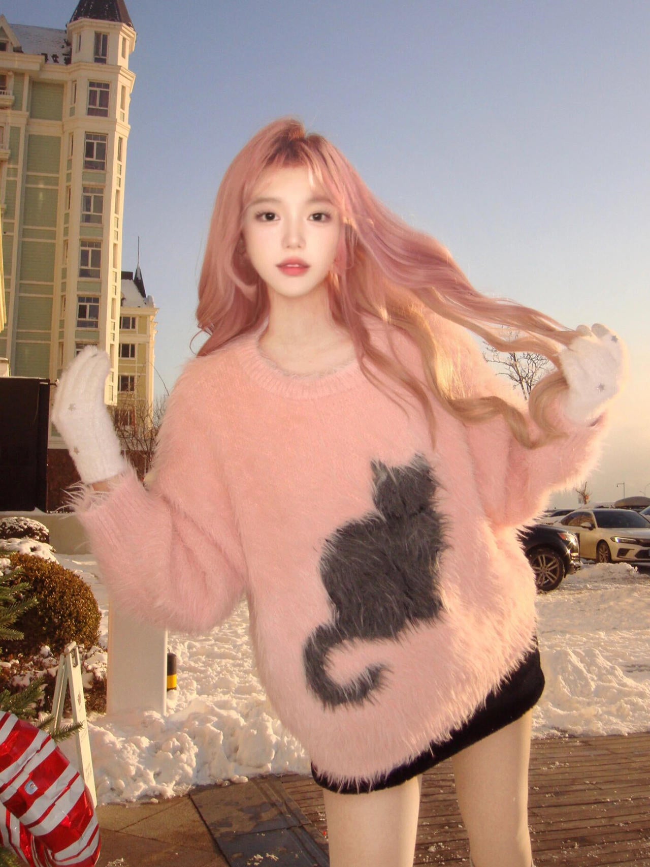 Women's Cat Jacquard Mink-like Sweet Sweater