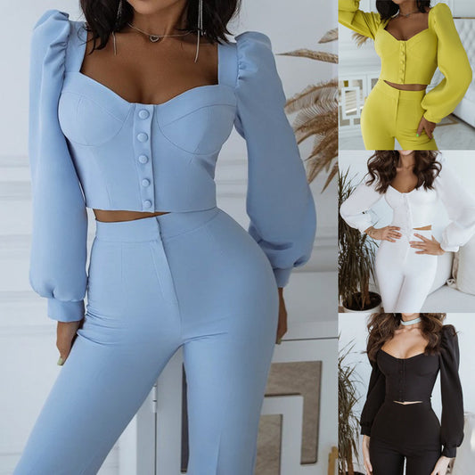 Casual Palace Style Bishop Sleeves Top Bell-bottom Pants Suit