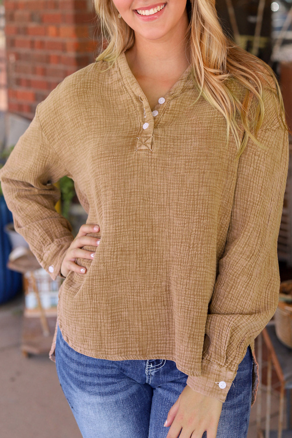 Brown Crinkle Textured Loose Henley Top