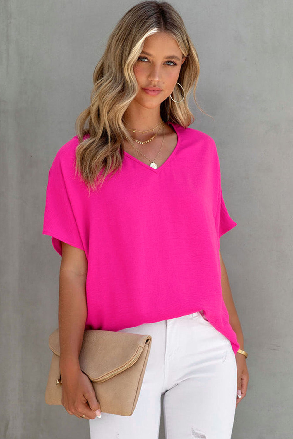 Blusa de manga corta con cuello en V liso rosa