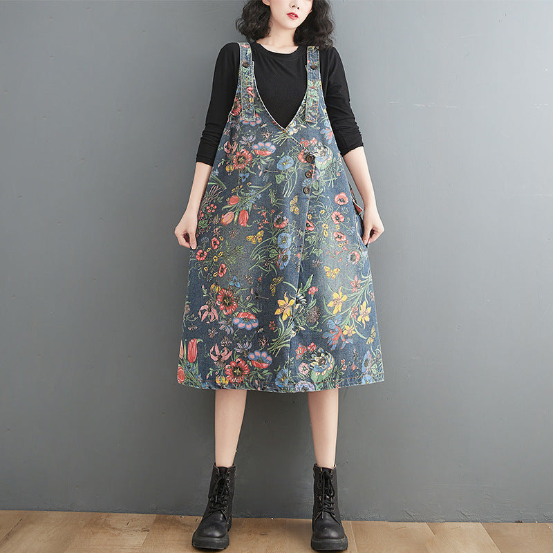 Artistic Style Printed Denim Suspender Skirt