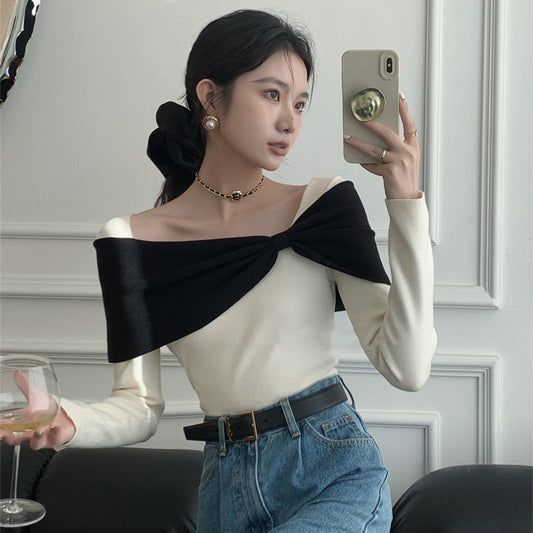 Contrast Bow Temperament Off Shoulder T Shirt