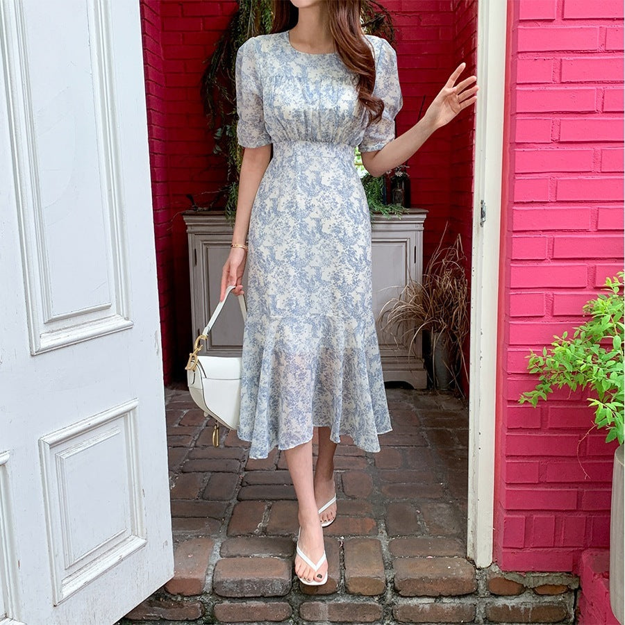 Floral Round Neck Tied Waist Trimming Short-sleeved Dress