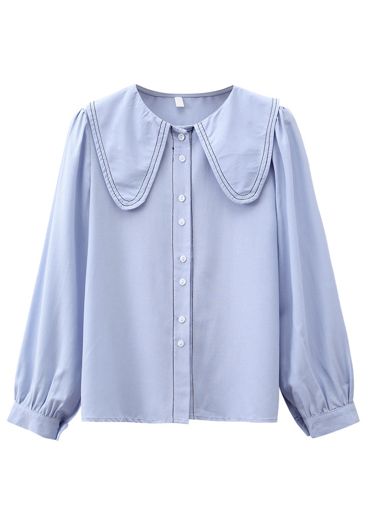 Chemise bleue à col de poupée et manches longues pour femmes, Design Sense