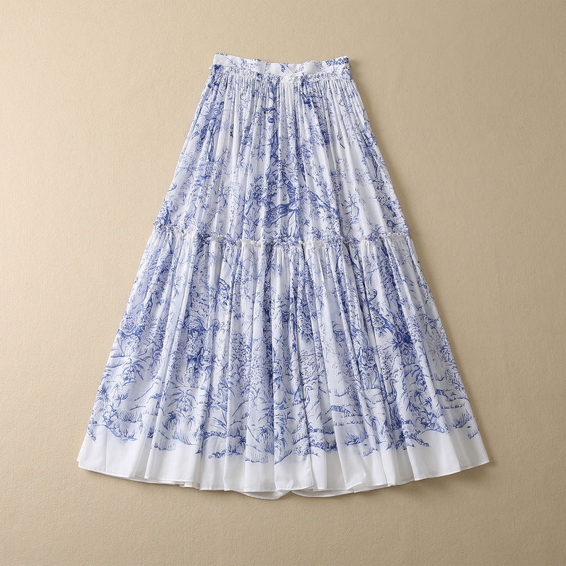 Blue Flower Pleated Large Skirt With Flowers And Birds Thin Cotton Skirt