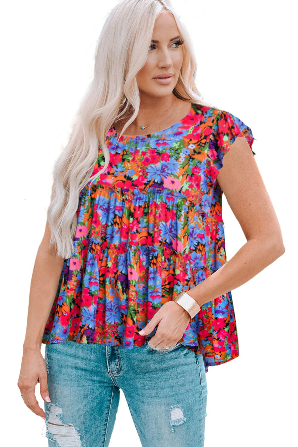 Blusa floral con cuello redondo y ribete de volantes