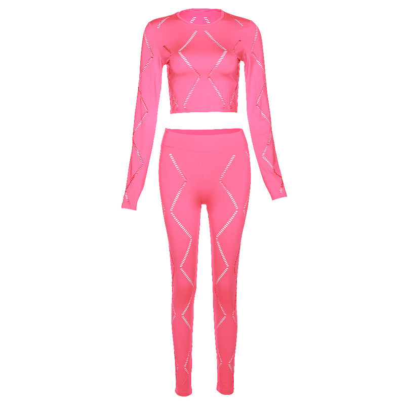 Women's Hollow-out Ripped High Waist Tight Pants Casual Sports Suit