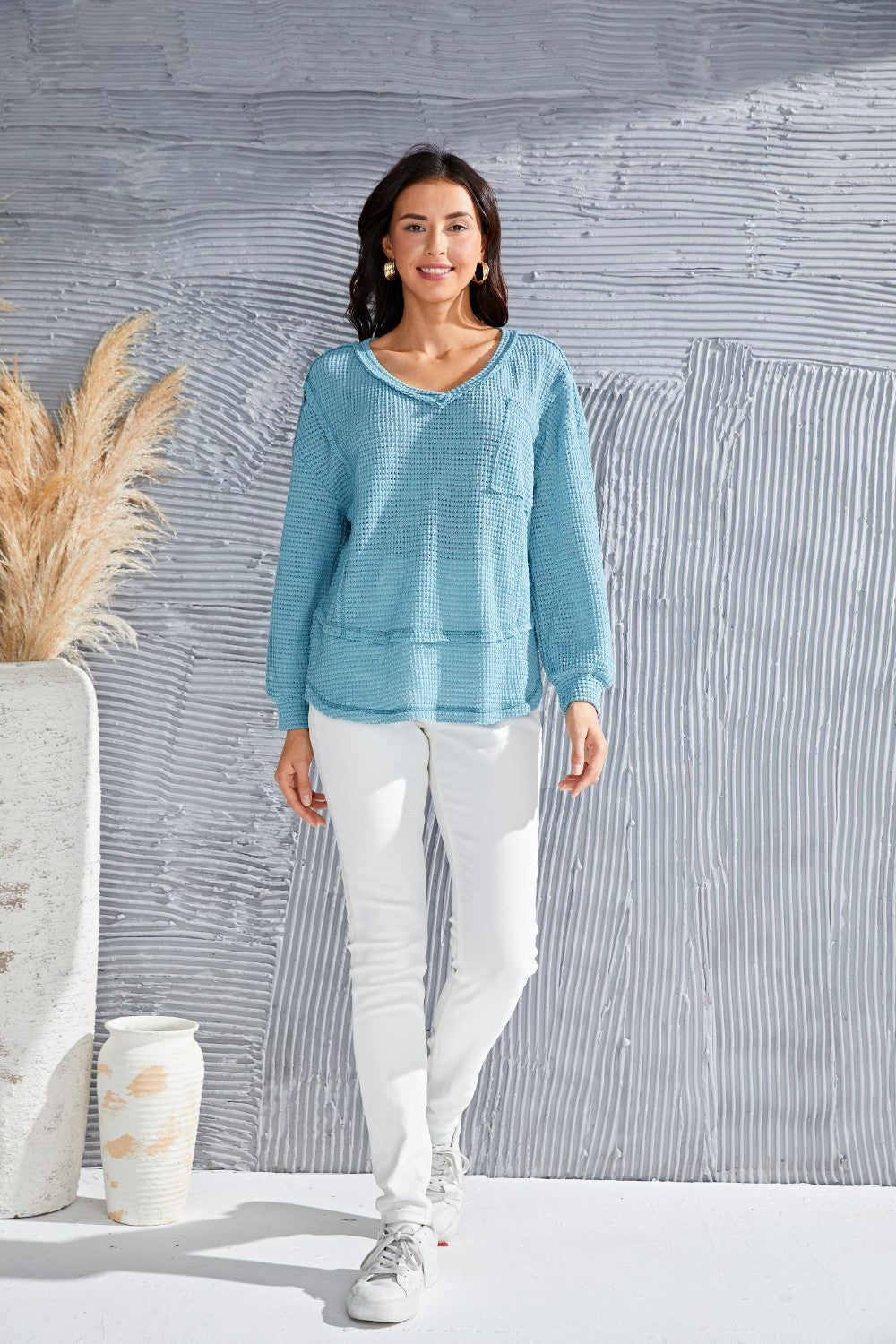 Waffle-Knit V-Neck Blouse with Breast Pocket