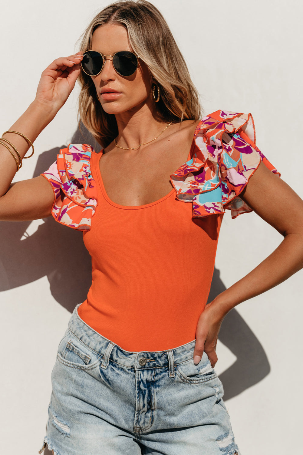 Orange Ribbed Knit Tiered Ruffled Sleeve Bodysuit