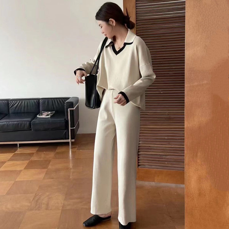 Contrast Color Pullover Loose Niche Casual Wide-leg Pants For Women Knitting Suit