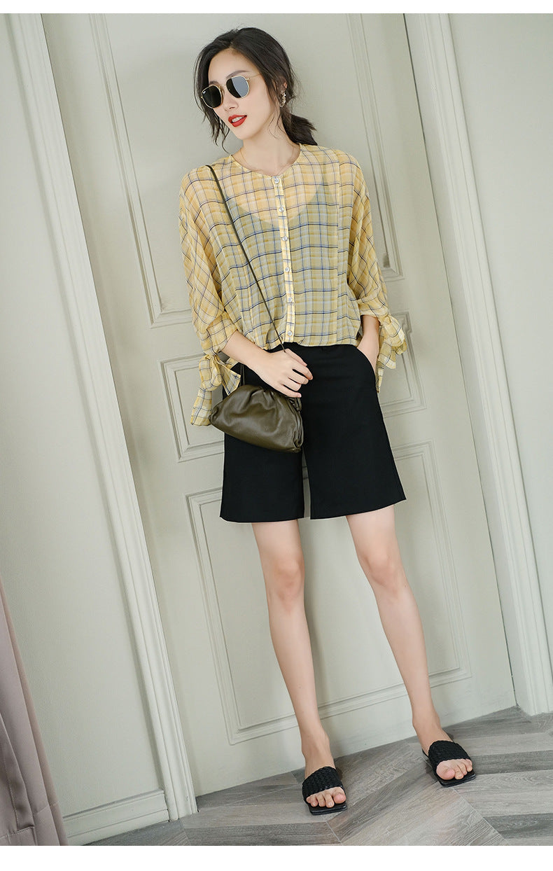 Three-quarter Sleeves Plaid Round Neck Single-breasted Ladies Shirt Chiffon Shirt