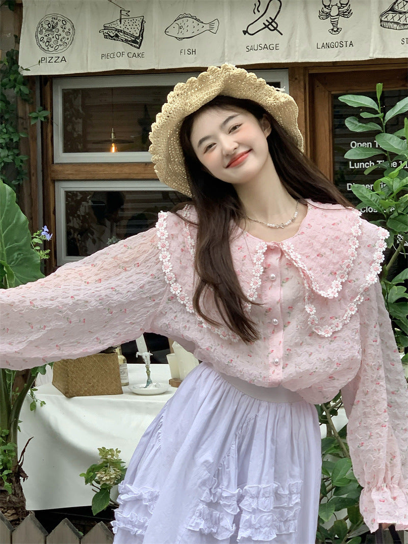 Doll Collar Heavy-duty Sweet Patchwork Wood Ear Edge Pleated Shirt