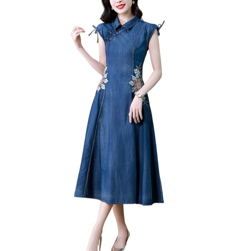 Robe en Denim pour femmes, nouvelle Version modifiée Cheongsam, broderie Machine, rétro, été 2024