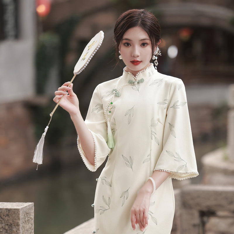 Apricot Lace Embroidery Bell Sleeve Dress Cheongsam