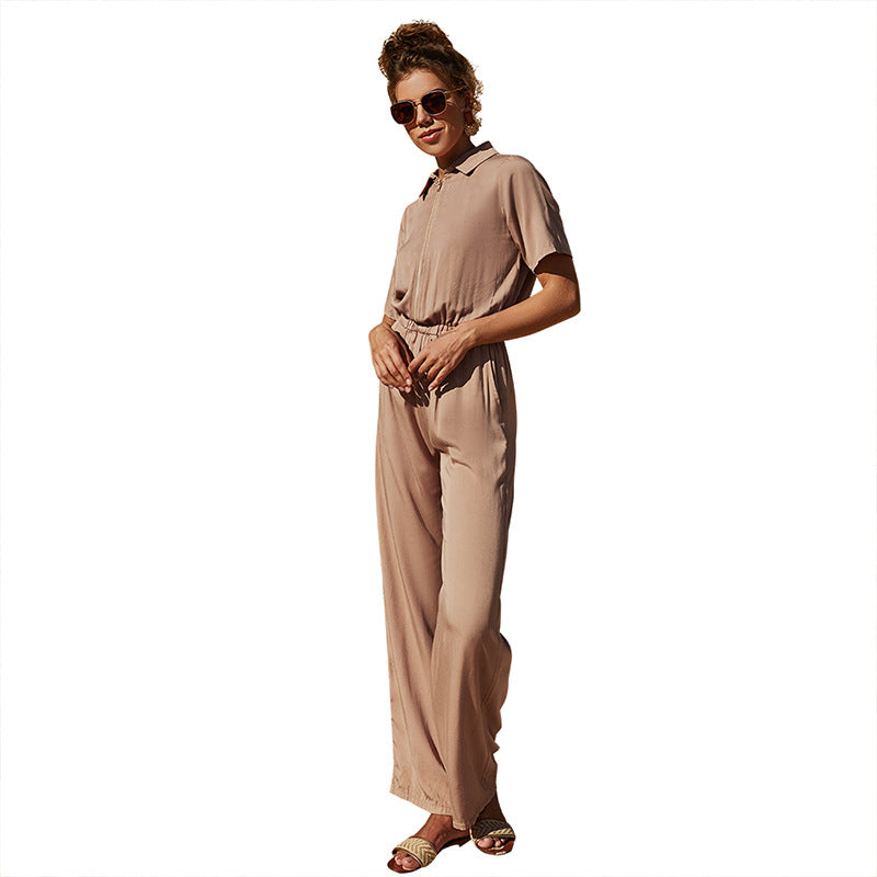 Five-quarter Sleeve One-piece Jumpsuit Zipper And Lapel