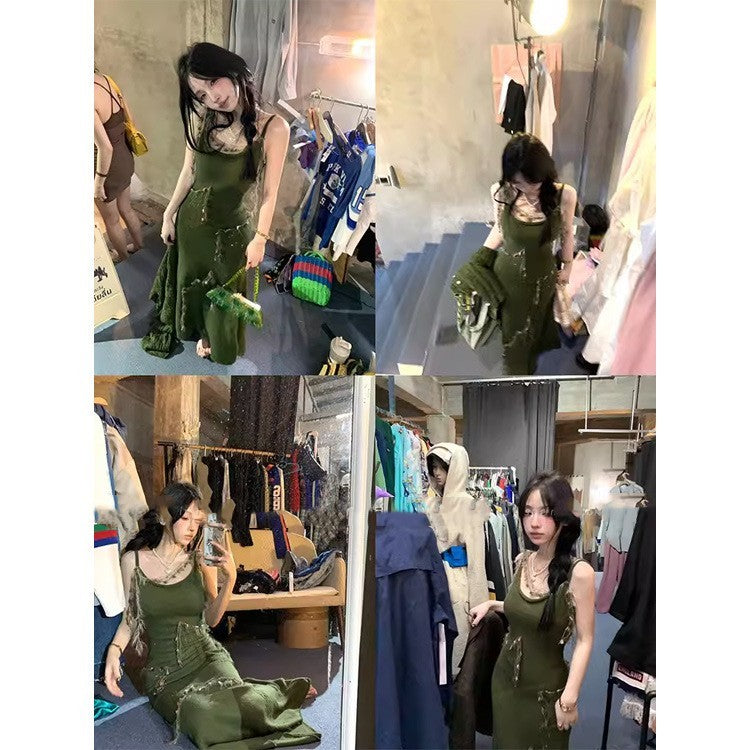 Waist-tight Mid-length Green Knitted Dress Women