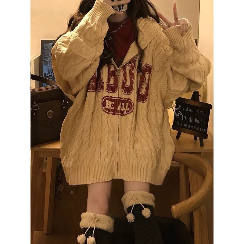 American-style Retro Soft Glutinous Hooded Knitted Coat For Women