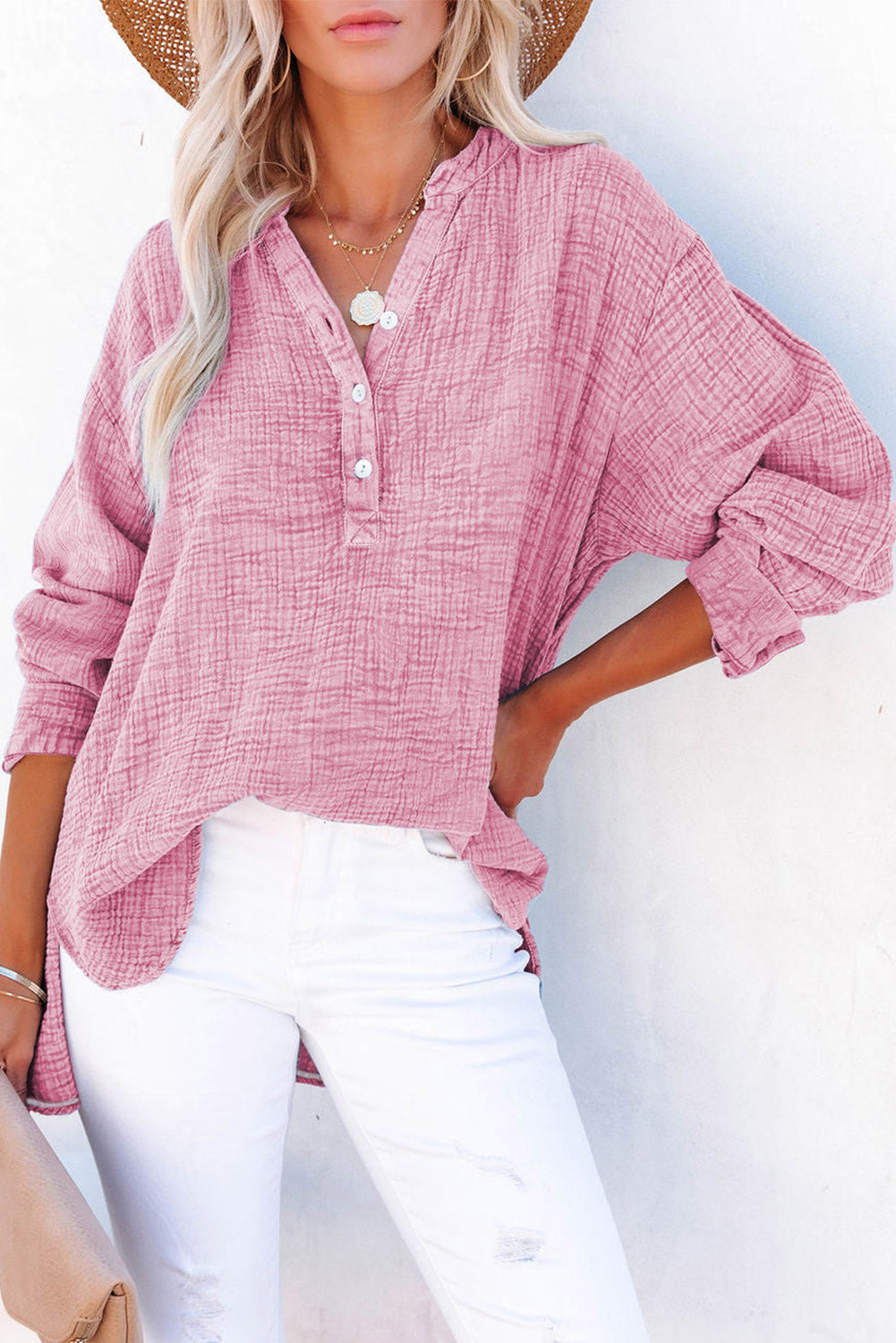 Haut Henley ample texturé rose froissé