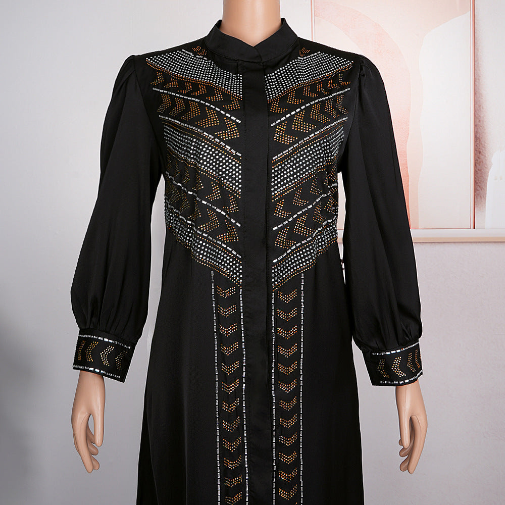 Women's Black Rhinestone Robe African Beaded Cardigan Plus Size Dress