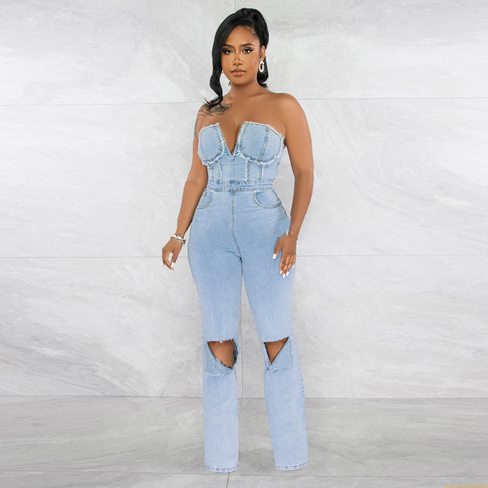 Women's V-Neck Denim With Hole Zip Pocket Jumpsuit