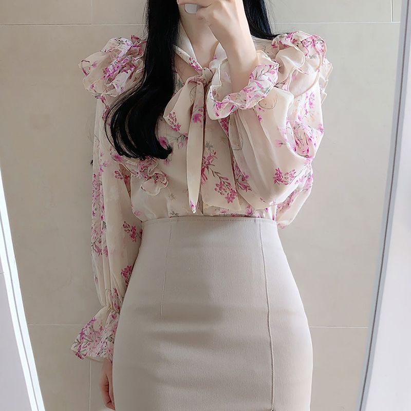 Floral Chiffon Shirt New Flare Sleeve Ruffle Top Women