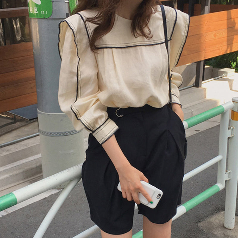 Women's Stitching Cotton And Linen Niche Design Shirt Long-sleeved Top