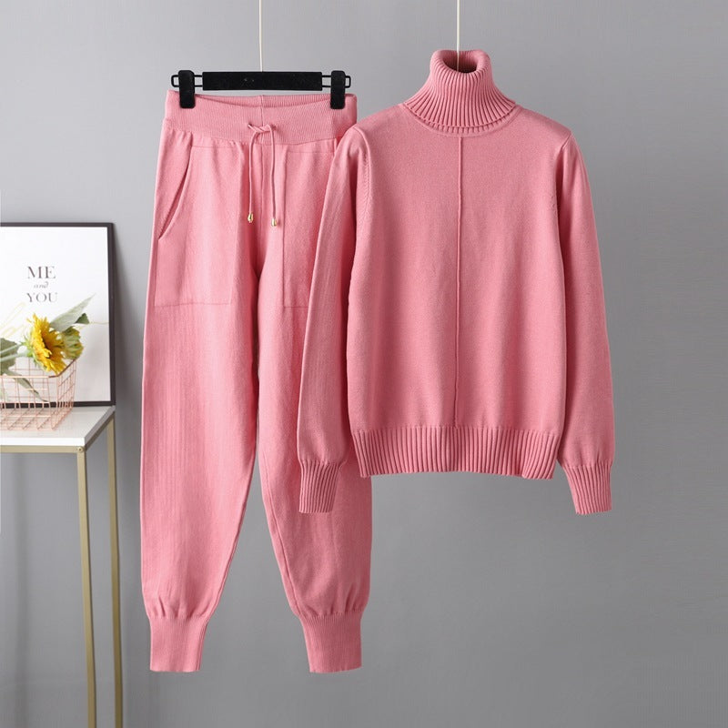 Casual Fashion Set autumn And Winter Cross-border Amazon European And American Turtleneck Solid Color Sweaters Two-piece Set